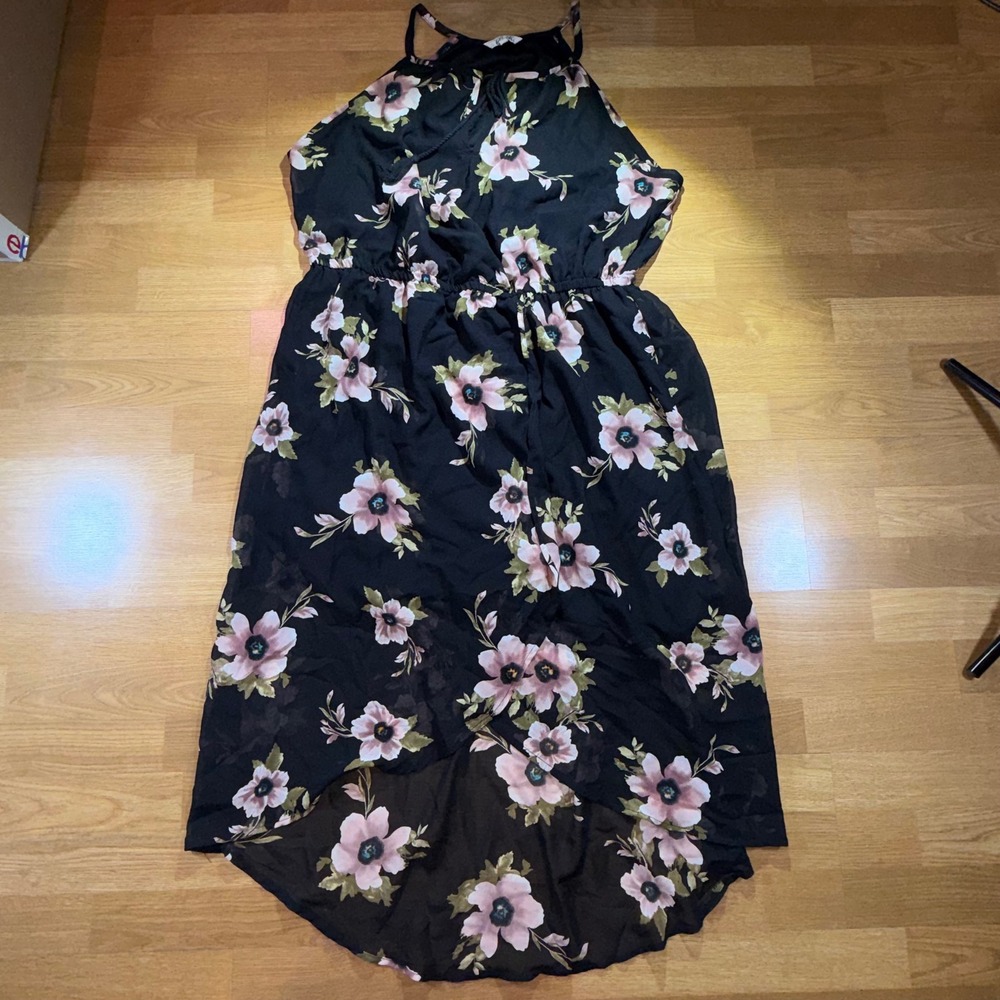 Hint of Blush Women 2X Black Floral Halter High Low Dress Pink Flowers Chiffon